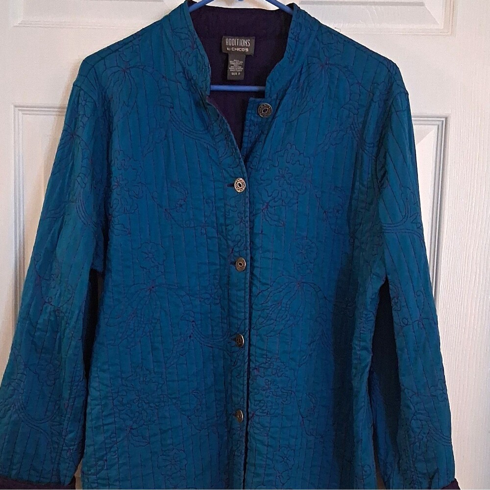 Chico's Additions Teal Quilted Jacket Embroidered Floral Button Front Size 2